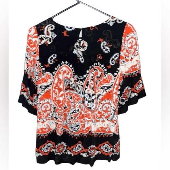 Ann Taylor LOFT Blouse Gauzy Black Peach Paisley 3/4 Sleeve Boxy Oversized Comfy - Picture 3 of 16